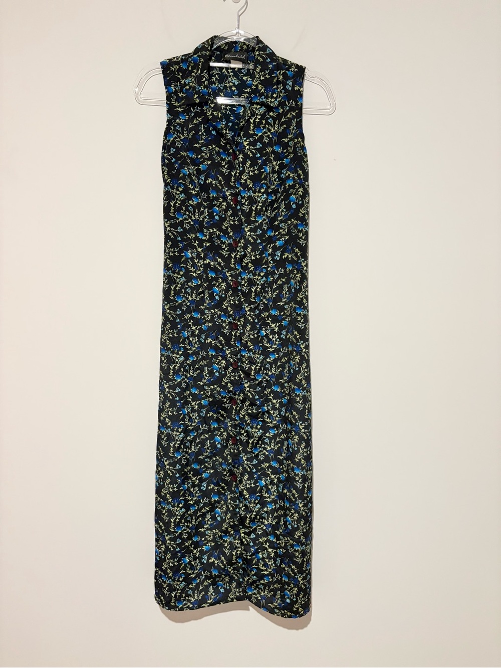Elisabeth vintage floral button front sleeveless maxi shirt dress black blue 10
